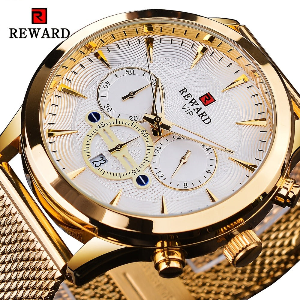 Men's Quartz Watch - REWARD 's Chronograph Luminous Stainless Steel Strap, Date Display, Gold & - product detail view 12