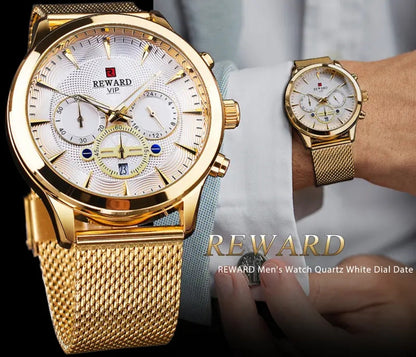 Men's Quartz Watch - REWARD 's Chronograph Luminous Stainless Steel Strap, Date Display, Gold & - product detail view 14