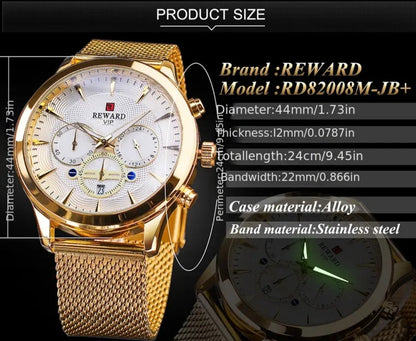 Men's Quartz Watch - REWARD 's Chronograph Luminous Stainless Steel Strap, Date Display, Gold & - product detail view 15