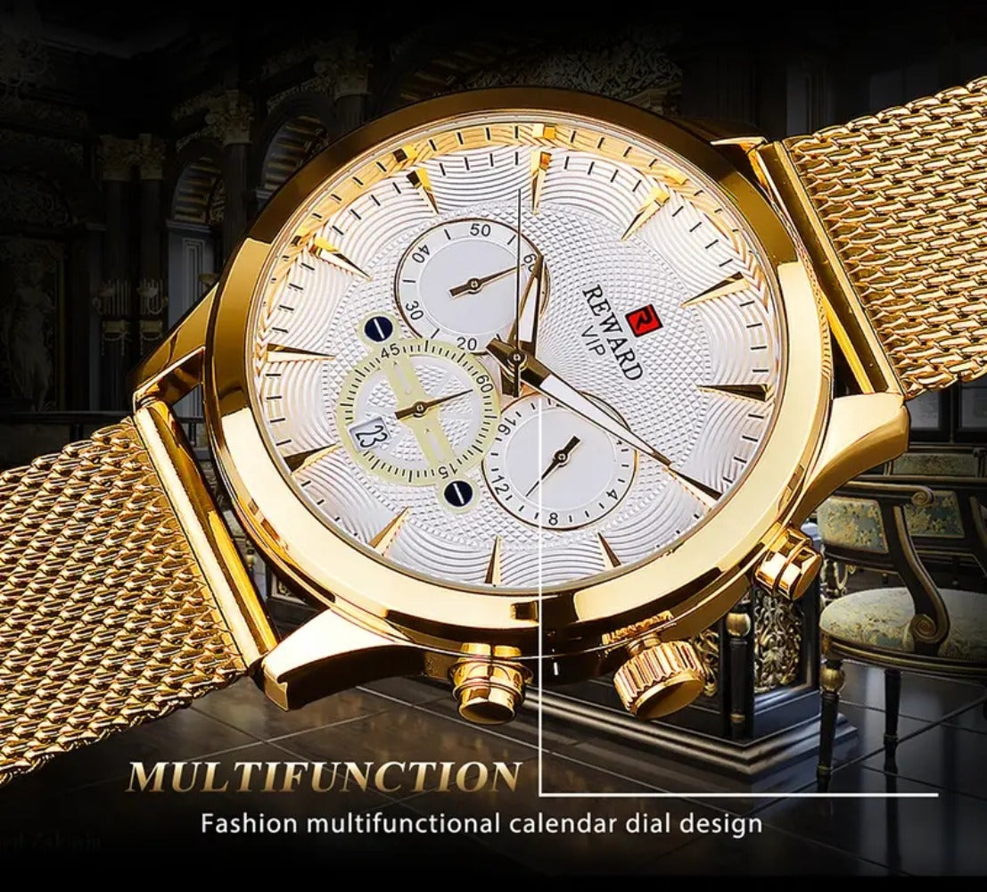 Men's Quartz Watch - REWARD 's Chronograph Luminous Stainless Steel Strap, Date Display, Gold & - product detail view 16