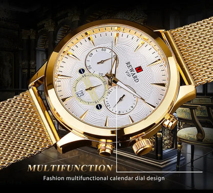 Men's Quartz Watch - REWARD 's Chronograph Luminous Stainless Steel Strap, Date Display, Gold & - product detail view 16