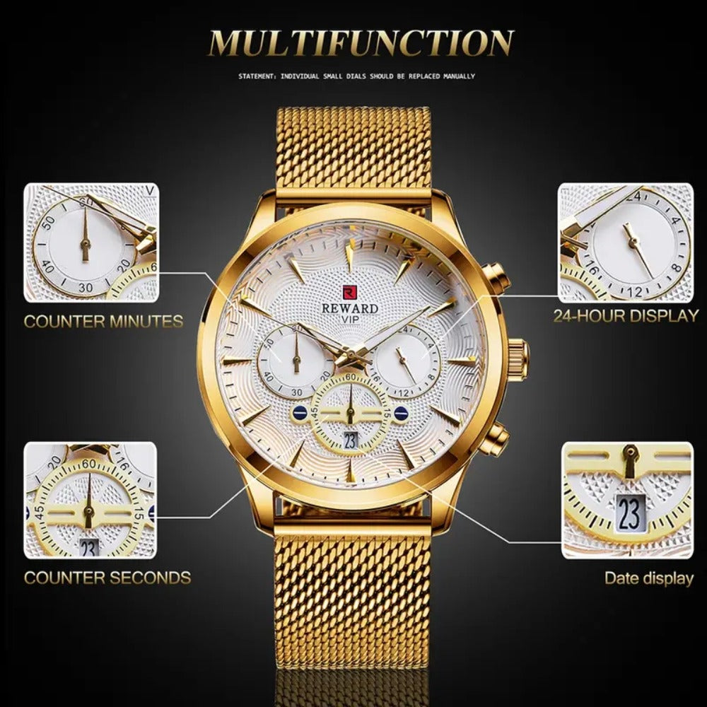 Men's Quartz Watch - REWARD 's Chronograph Luminous Stainless Steel Strap, Date Display, Gold & - product detail view 17