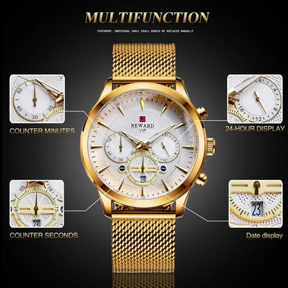 Men's Quartz Watch - REWARD 's Chronograph Luminous Stainless Steel Strap, Date Display, Gold & - product detail view 17