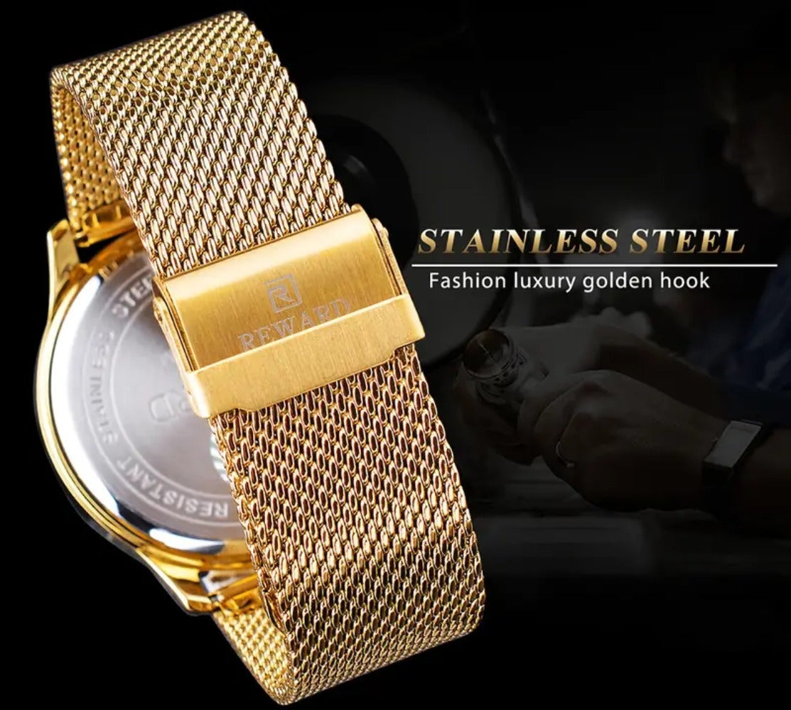 Men's Quartz Watch - REWARD 's Chronograph Luminous Stainless Steel Strap, Date Display, Gold & - product detail view 19