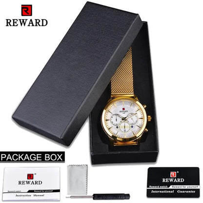 Men's Quartz Watch - REWARD 's Chronograph Luminous Stainless Steel Strap, Date Display, Gold & - product detail view 20