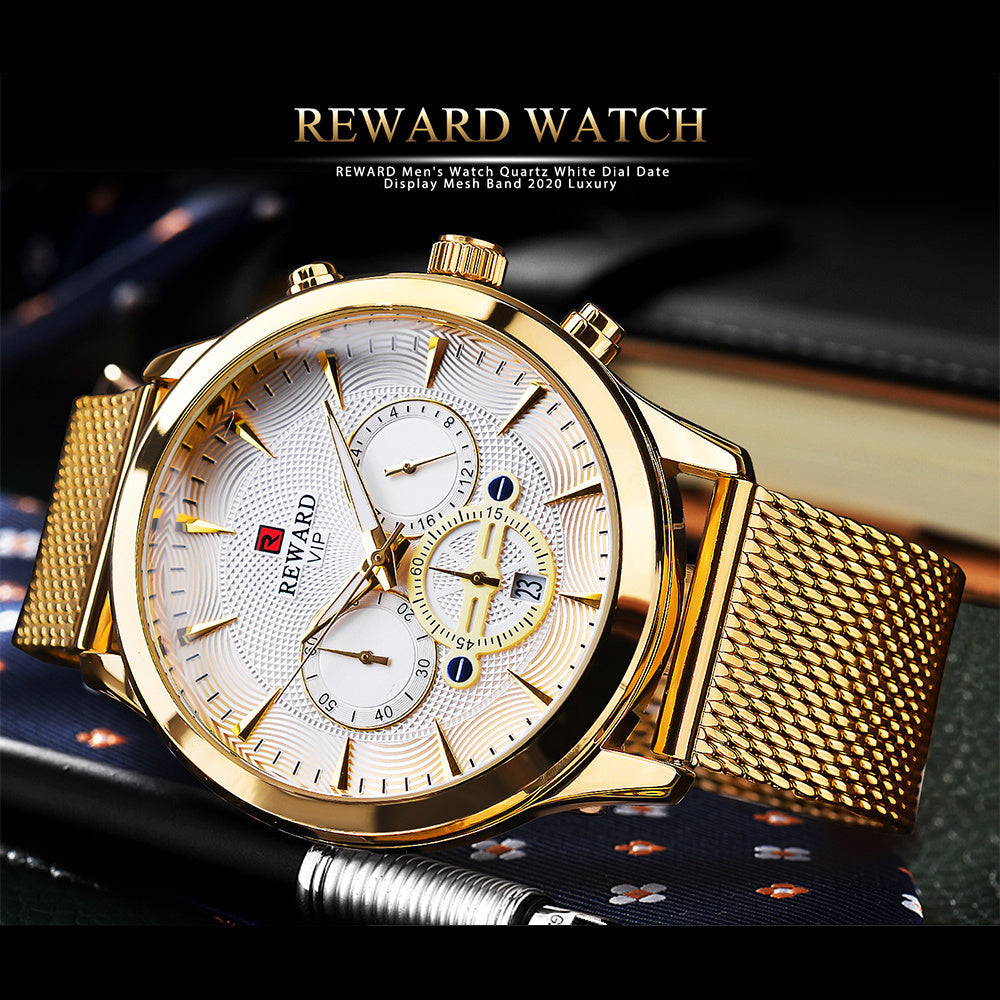 Men's Quartz Watch - REWARD 's Chronograph Luminous Stainless Steel Strap, Date Display, Gold & - product detail view 21