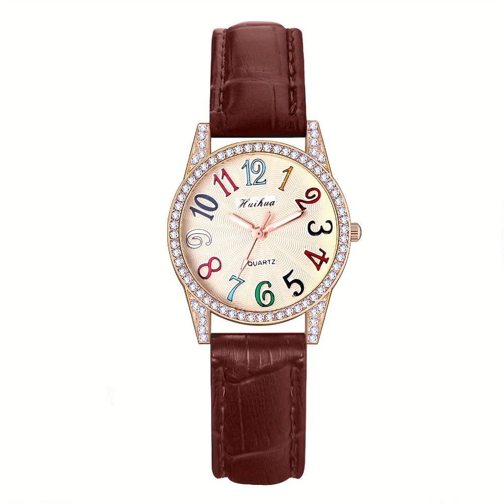 Women's Quartz Watch - Rhinestone Dial for Girls Colorful Arabic Numerals PU Leather Band - main product view