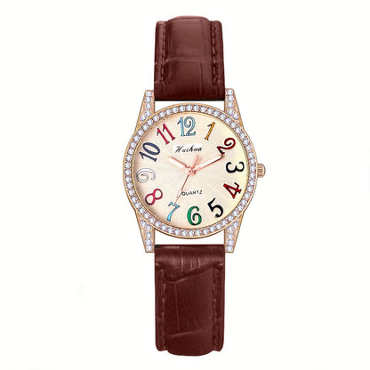 Women's Quartz Watch - Rhinestone Dial for Girls Colorful Arabic Numerals PU Leather Band - main product view