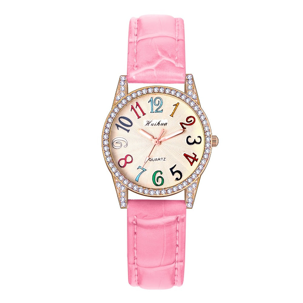 Women's Quartz Watch - Rhinestone Dial for Girls Colorful Arabic Numerals PU Leather Band - product detail view 3