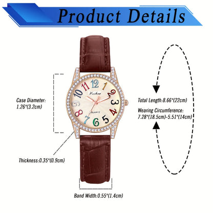 Women's Quartz Watch - Rhinestone Dial for Girls Colorful Arabic Numerals PU Leather Band - product detail view 5