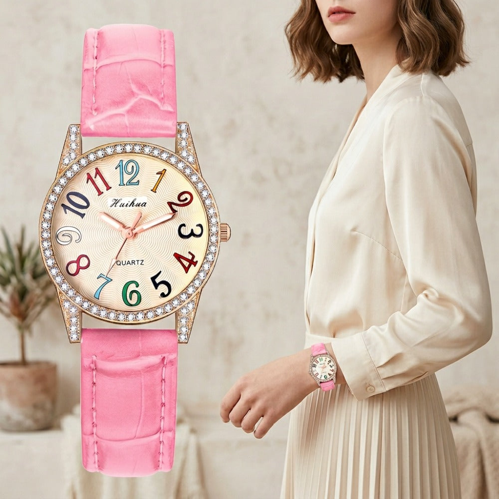 Women's Quartz Watch - Rhinestone Dial for Girls Colorful Arabic Numerals PU Leather Band - product detail view 7