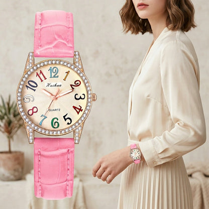 Women's Quartz Watch - Rhinestone Dial for Girls Colorful Arabic Numerals PU Leather Band - product detail view 7