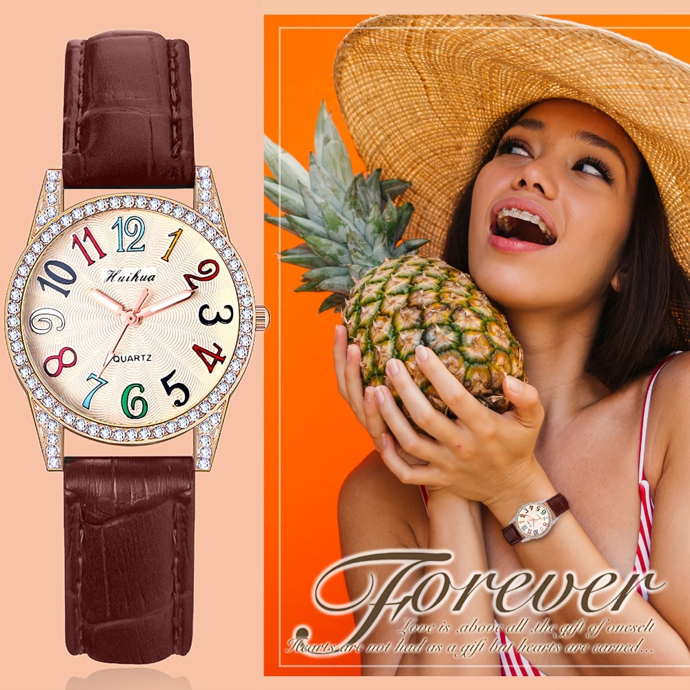Women's Quartz Watch - Rhinestone Dial for Girls Colorful Arabic Numerals PU Leather Band - product detail view 8