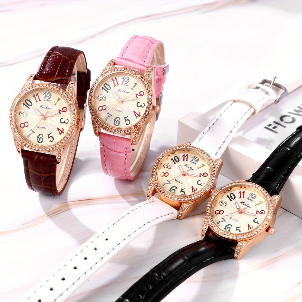 Women's Quartz Watch - Rhinestone Dial for Girls Colorful Arabic Numerals PU Leather Band - product detail view 10