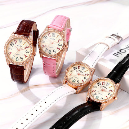 Women's Quartz Watch - Rhinestone Dial for Girls Colorful Arabic Numerals PU Leather Band - product detail view 10