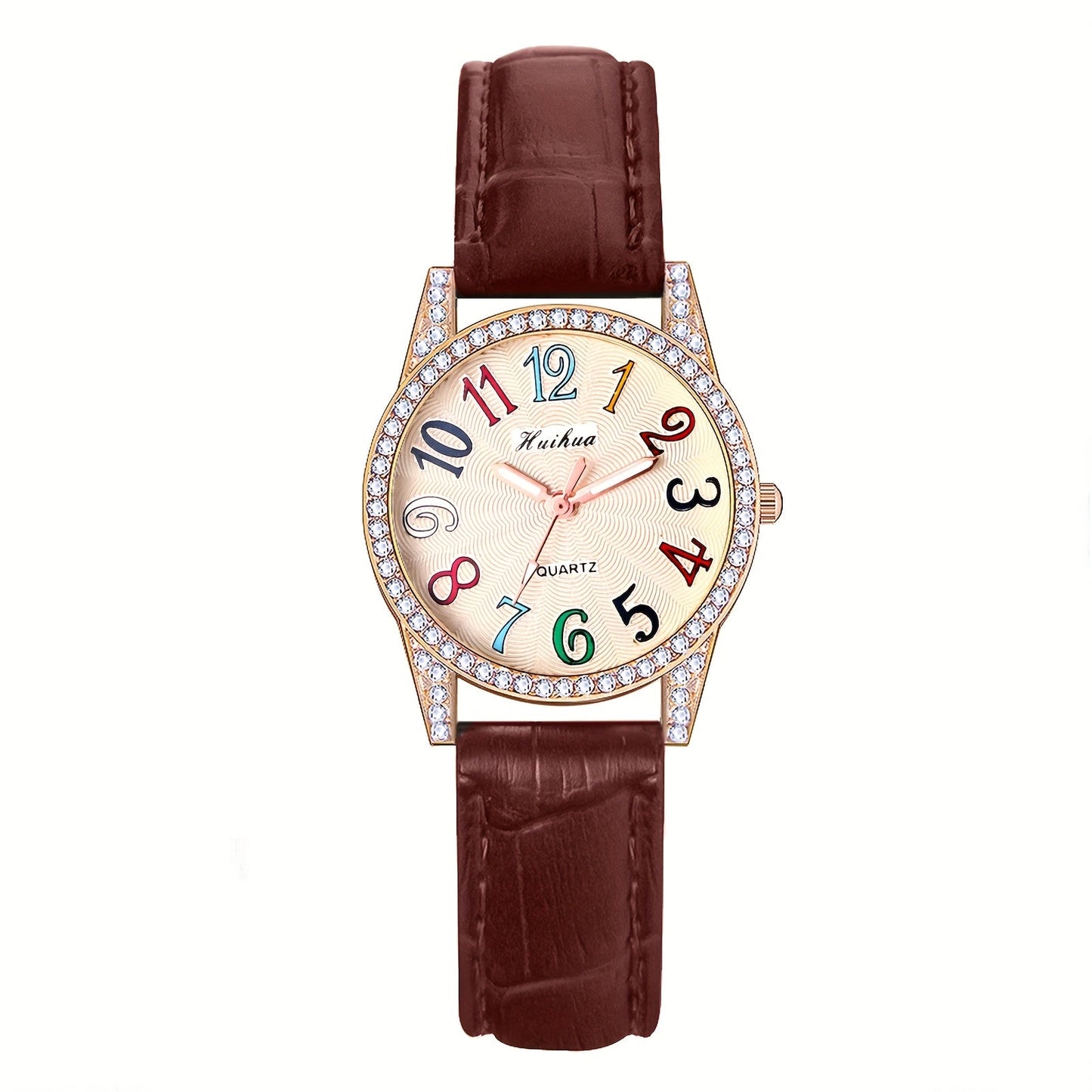 Women's Quartz Watch - Rhinestone Dial for Girls Colorful Arabic Numerals PU Leather Band - product detail view 12