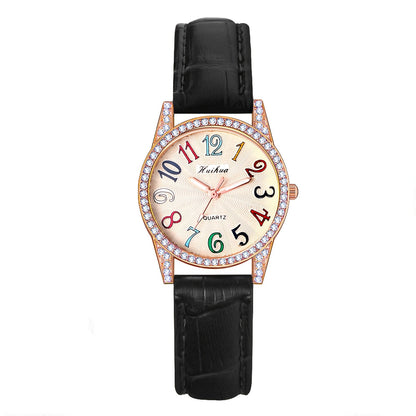 Women's Quartz Watch - Rhinestone Dial for Girls Colorful Arabic Numerals PU Leather Band - product detail view 15