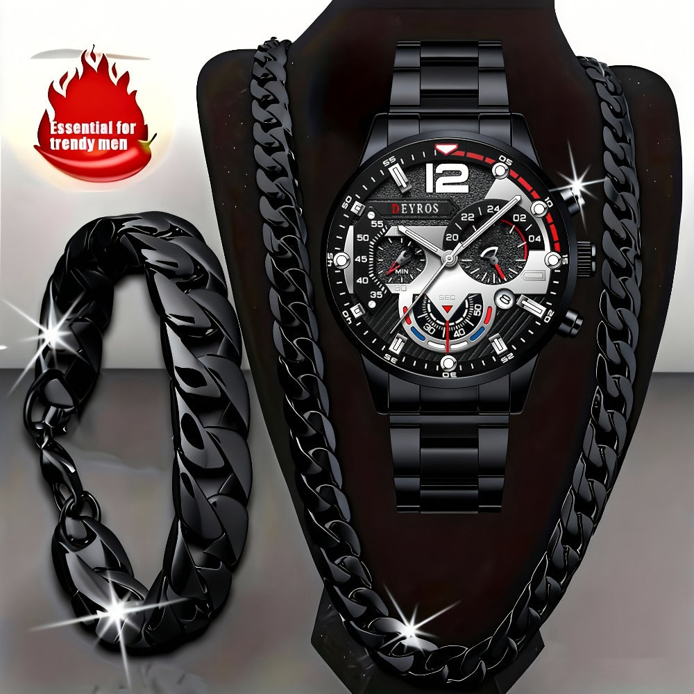 Men's Quartz Watch - 's Analog Set 3pcs Wristwatch, Matching Necklace & Bracelet Combo for - product detail view 5