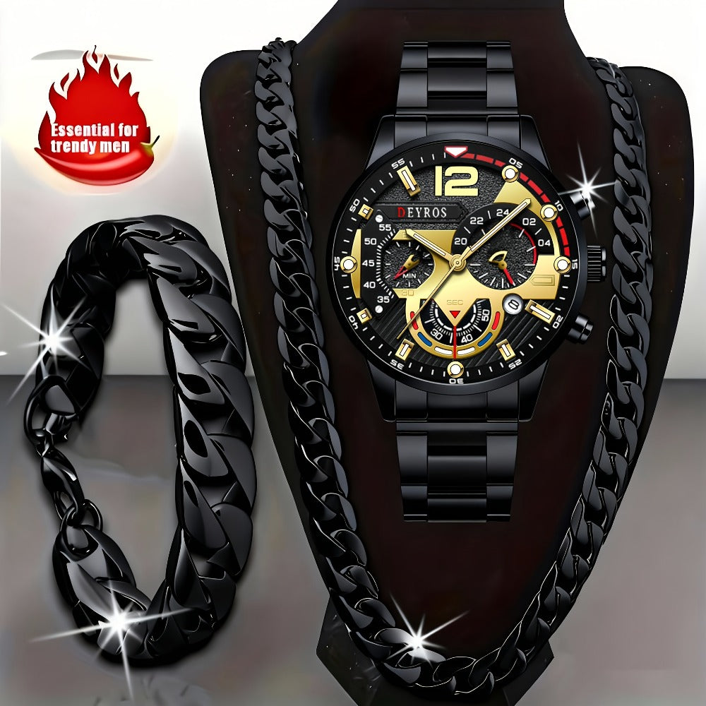 Men's Quartz Watch - 's Analog Set 3pcs Wristwatch, Matching Necklace & Bracelet Combo for - product detail view 7