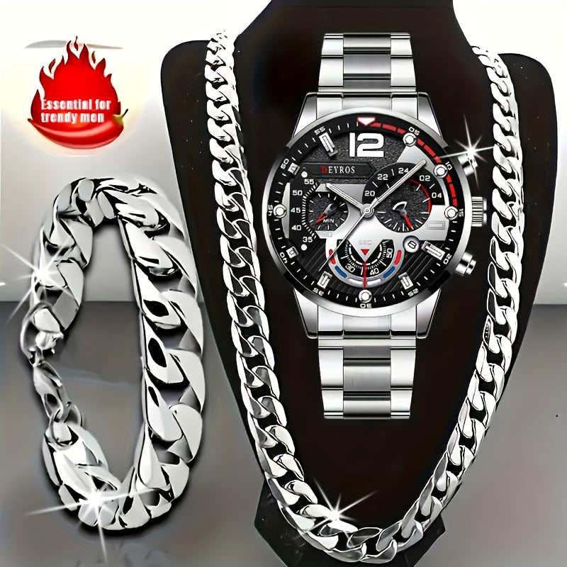 Men's Quartz Watch - 's Analog Set 3pcs Wristwatch, Matching Necklace & Bracelet Combo for - product detail view 12