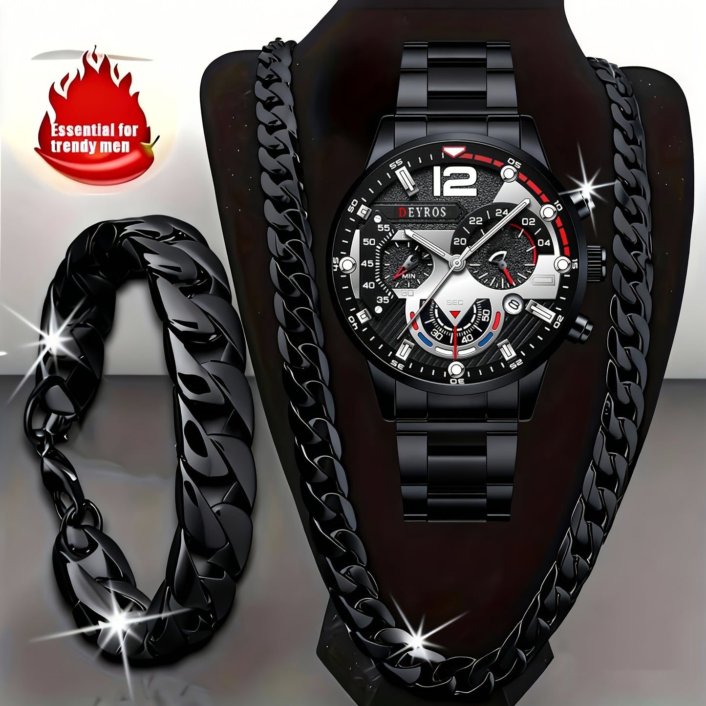 Men's Quartz Watch - 's Analog Set 3pcs Wristwatch, Matching Necklace & Bracelet Combo for - product detail view 14