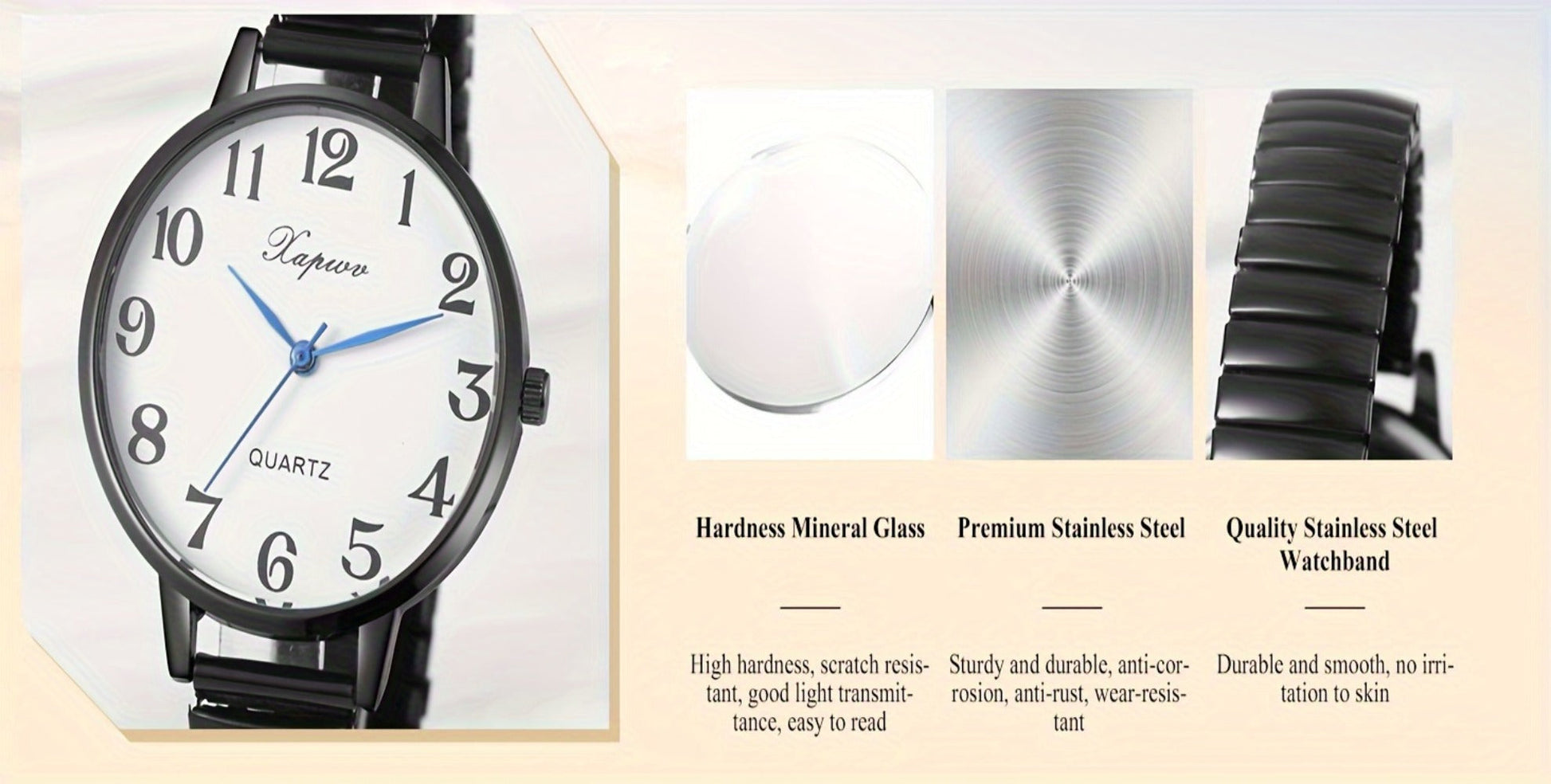 Women's Quartz Watch - 's Analog with Stretch Band - Round Case Large Arabic Numeral Dial - product detail view 15