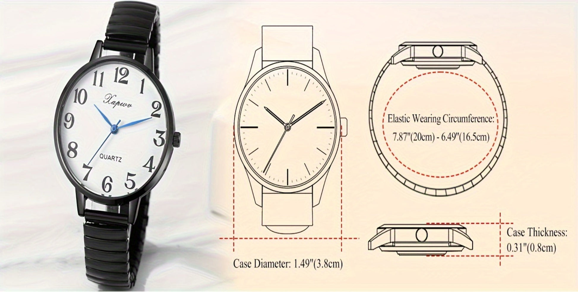 Women's Quartz Watch - 's Analog with Stretch Band - Round Case Large Arabic Numeral Dial - product detail view 18