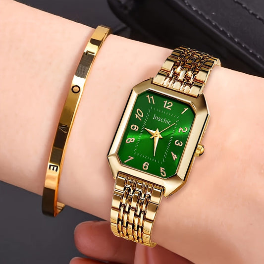 Women's Quartz Watch - 's & Bangle Set 2pcs Vintage Rectangular Dial with Trendy Open Bangle - product detail view 2