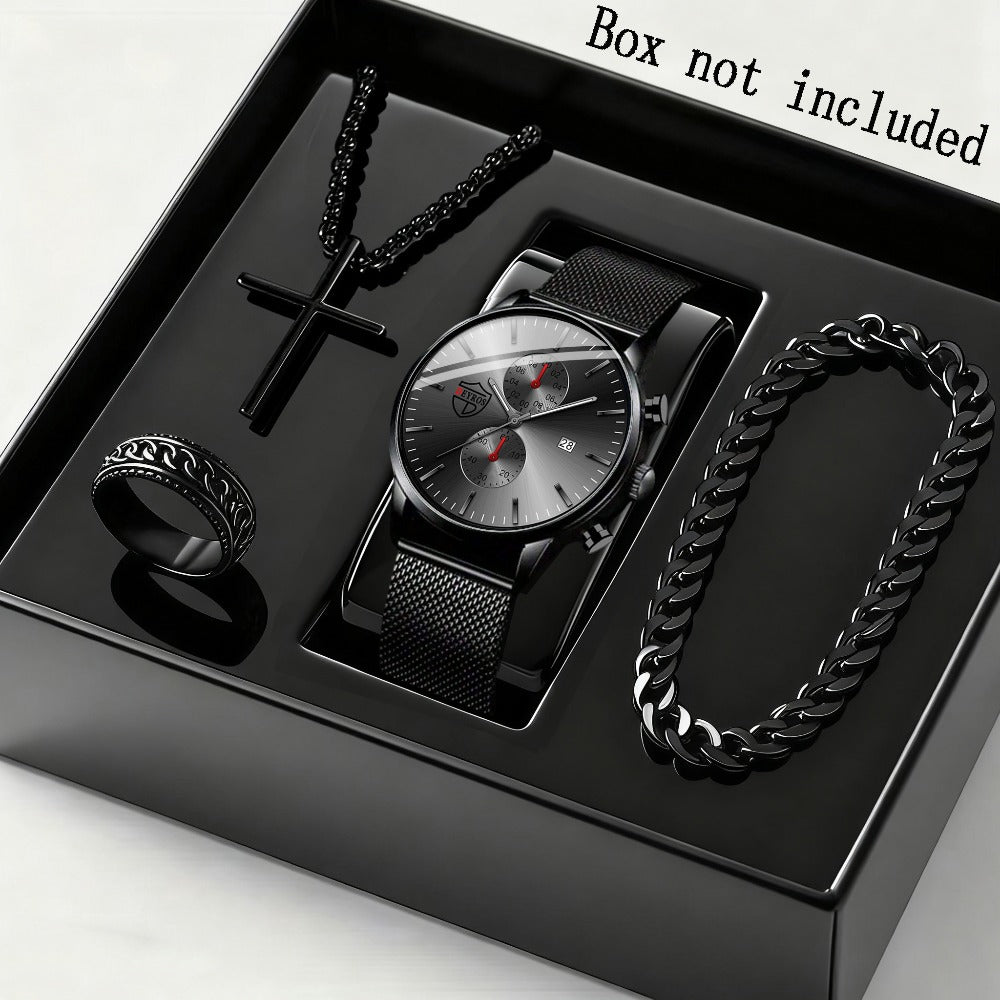 Men's Quartz Watch - 's & Bracelet Gift Set 4-Piece Stainless Steel Date , Necklace & Bracelet - main product view