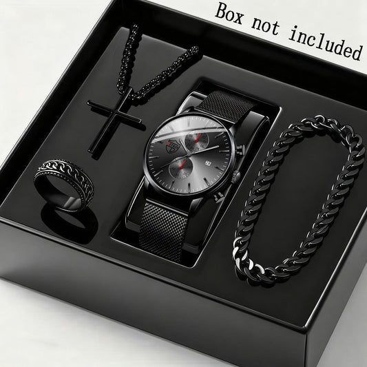 Men's Quartz Watch - 's & Bracelet Gift Set 4-Piece Stainless Steel Date , Necklace & Bracelet - main product view