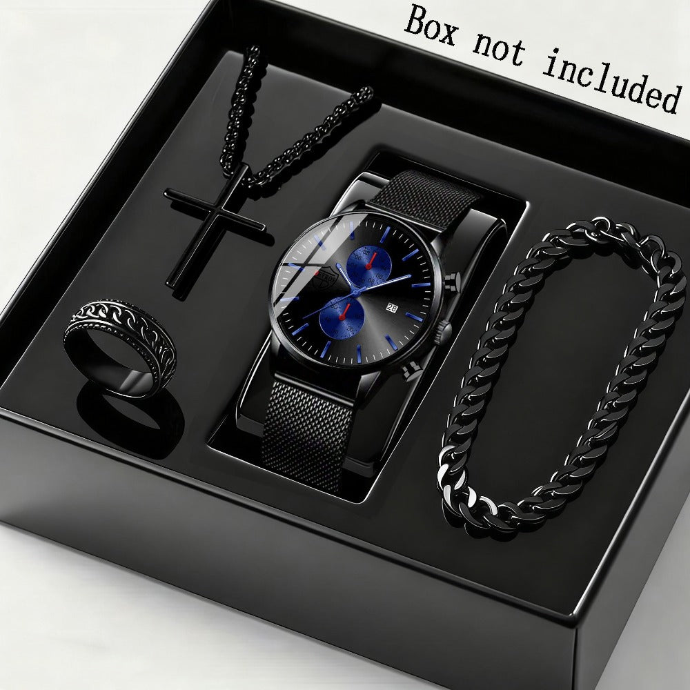 Men's Quartz Watch - 's & Bracelet Gift Set 4-Piece Stainless Steel Date , Necklace & Bracelet - product detail view 2