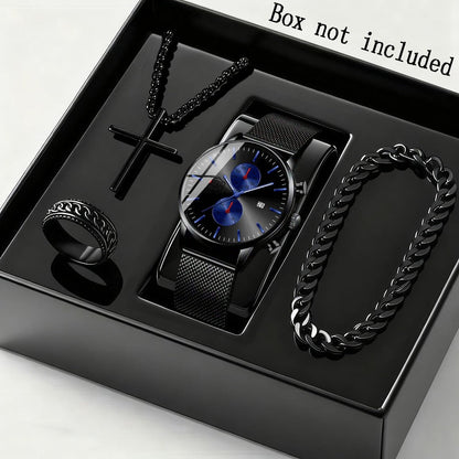Men's Quartz Watch - 's & Bracelet Gift Set 4-Piece Stainless Steel Date , Necklace & Bracelet - product detail view 2