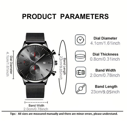 Men's Quartz Watch - 's & Bracelet Gift Set 4-Piece Stainless Steel Date , Necklace & Bracelet - product detail view 4