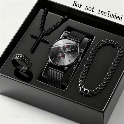 Men's Quartz Watch - 's & Bracelet Gift Set 4-Piece Stainless Steel Date , Necklace & Bracelet - product detail view 7