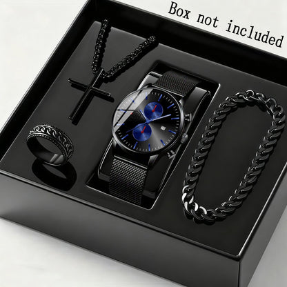 Men's Quartz Watch - 's & Bracelet Gift Set 4-Piece Stainless Steel Date , Necklace & Bracelet - product detail view 8