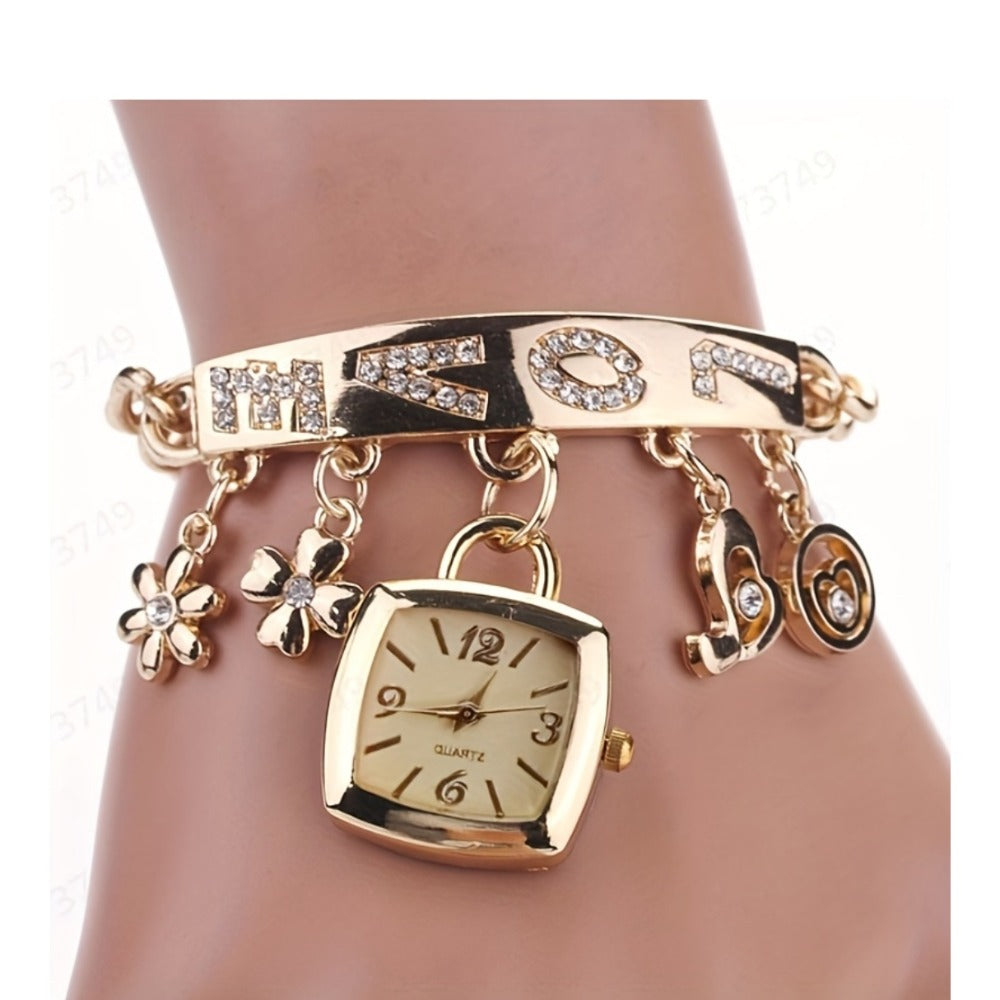 Women's Quartz Watch - 's Bracelet LOVE Roman Numeral Square Dial Flower Decor Dress Ladies - main product view