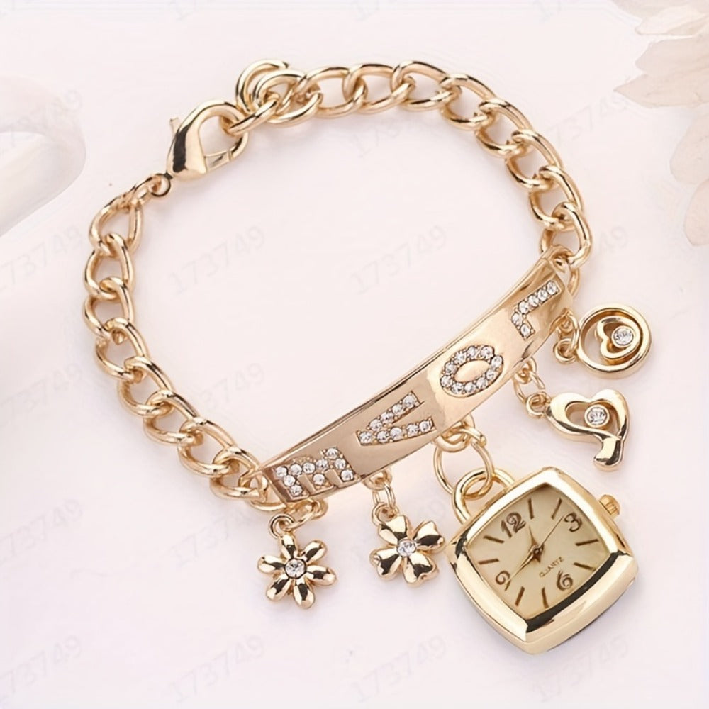 Women's Quartz Watch - 's Bracelet LOVE Roman Numeral Square Dial Flower Decor Dress Ladies - product detail view 3