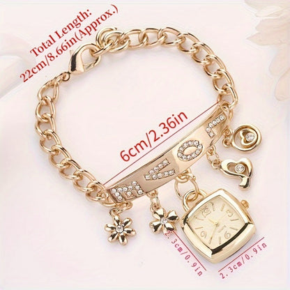 Women's Quartz Watch - 's Bracelet LOVE Roman Numeral Square Dial Flower Decor Dress Ladies - product detail view 5