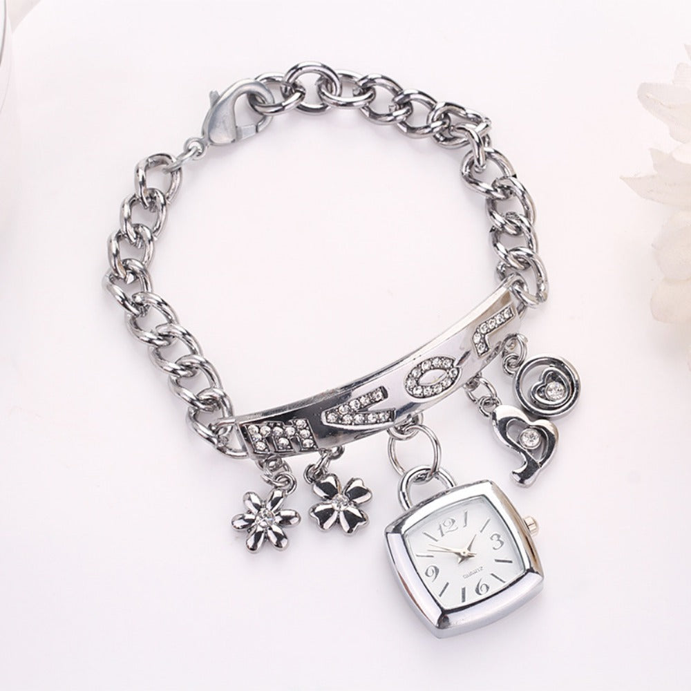 Women's Quartz Watch - 's Bracelet LOVE Roman Numeral Square Dial Flower Decor Dress Ladies - product detail view 7