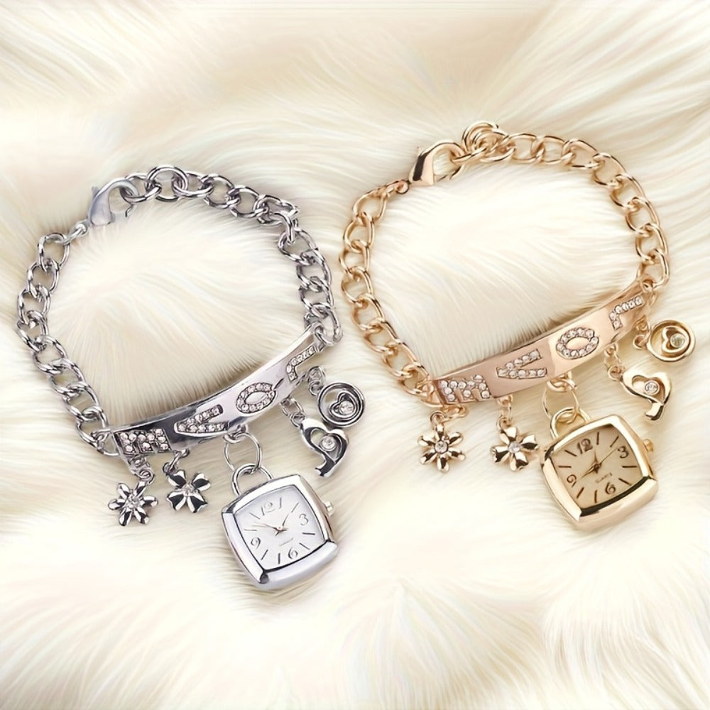 Women's Quartz Watch - 's Bracelet LOVE Roman Numeral Square Dial Flower Decor Dress Ladies - product detail view 9