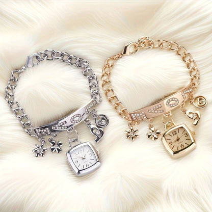 Women's Quartz Watch - 's Bracelet LOVE Roman Numeral Square Dial Flower Decor Dress Ladies - product detail view 9