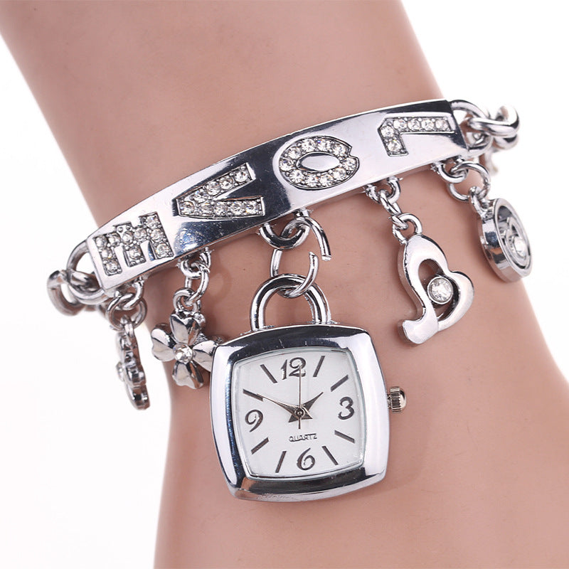 Women's Quartz Watch - 's Bracelet LOVE Roman Numeral Square Dial Flower Decor Dress Ladies - product detail view 11