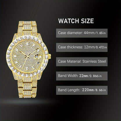 Men's Quartz Watch - 's Business Iced Rhinestone Classic Luxury Bling Wristwatch with Calendar - product detail view 2