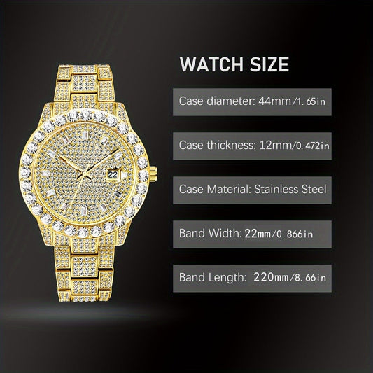 Men's Quartz Watch - 's Business Iced Rhinestone Classic Luxury Bling Wristwatch with Calendar - product detail view 2