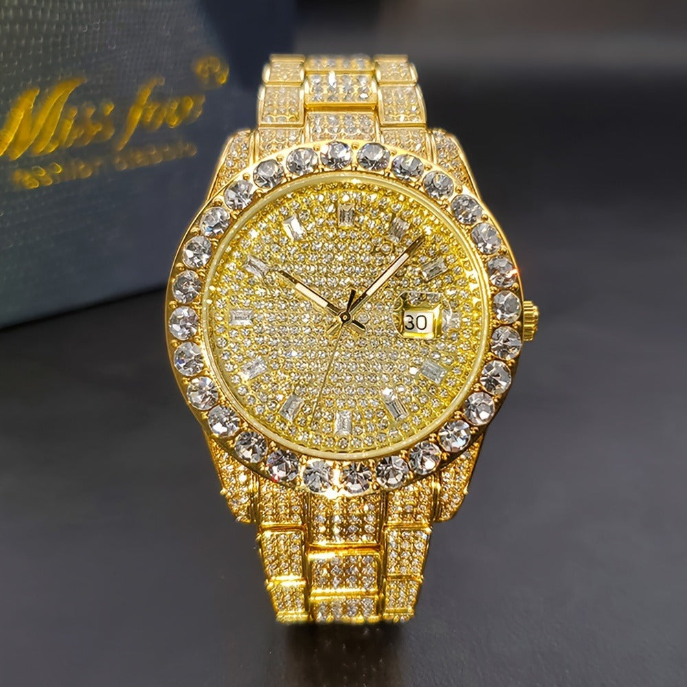 Men's Quartz Watch - 's Business Iced Rhinestone Classic Luxury Bling Wristwatch with Calendar - product detail view 4