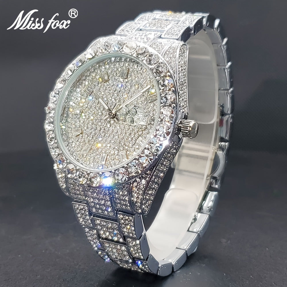 Men's Quartz Watch - 's Business Iced Rhinestone Classic Luxury Bling Wristwatch with Calendar - product detail view 6