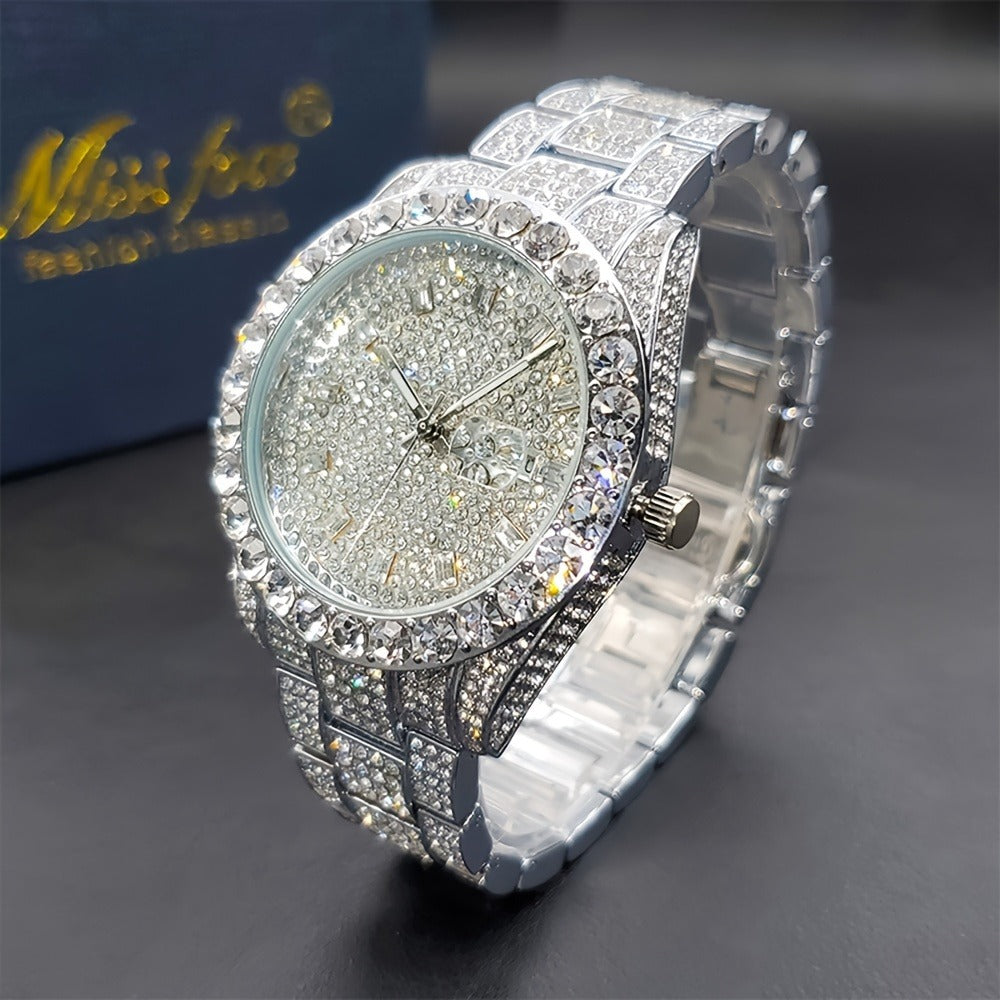 Men's Quartz Watch - 's Business Iced Rhinestone Classic Luxury Bling Wristwatch with Calendar - product detail view 7