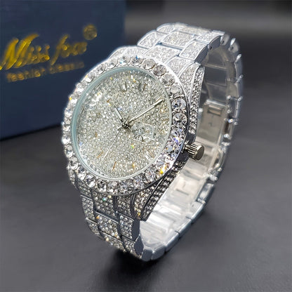 Men's Quartz Watch - 's Business Iced Rhinestone Classic Luxury Bling Wristwatch with Calendar - product detail view 7