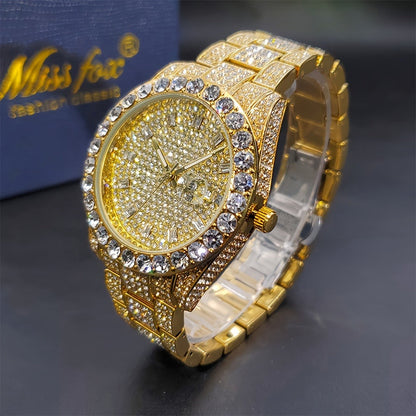 Men's Quartz Watch - 's Business Iced Rhinestone Classic Luxury Bling Wristwatch with Calendar - product detail view 9
