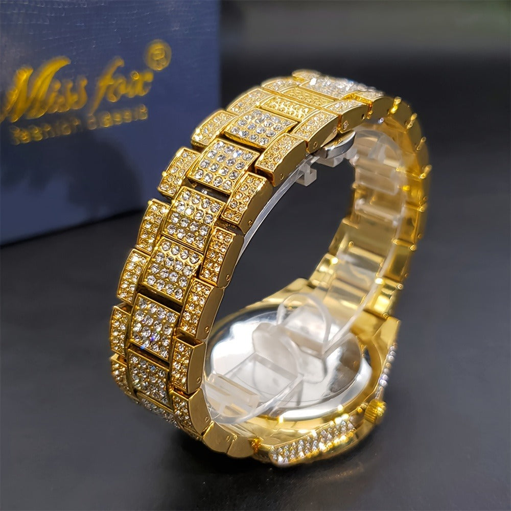 Men's Quartz Watch - 's Business Iced Rhinestone Classic Luxury Bling Wristwatch with Calendar - product detail view 11